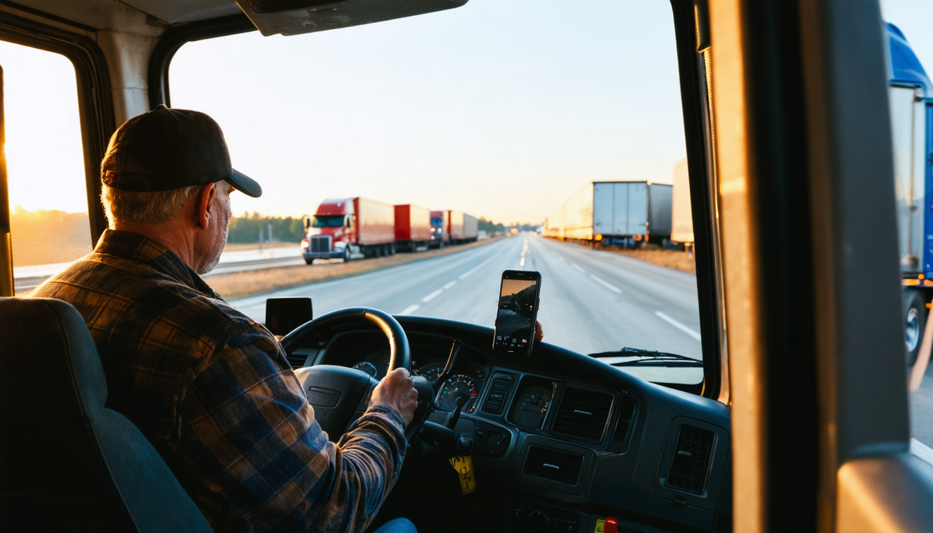 Owner-operator in cab at sunset, hands on wheel, gazing at distant highway