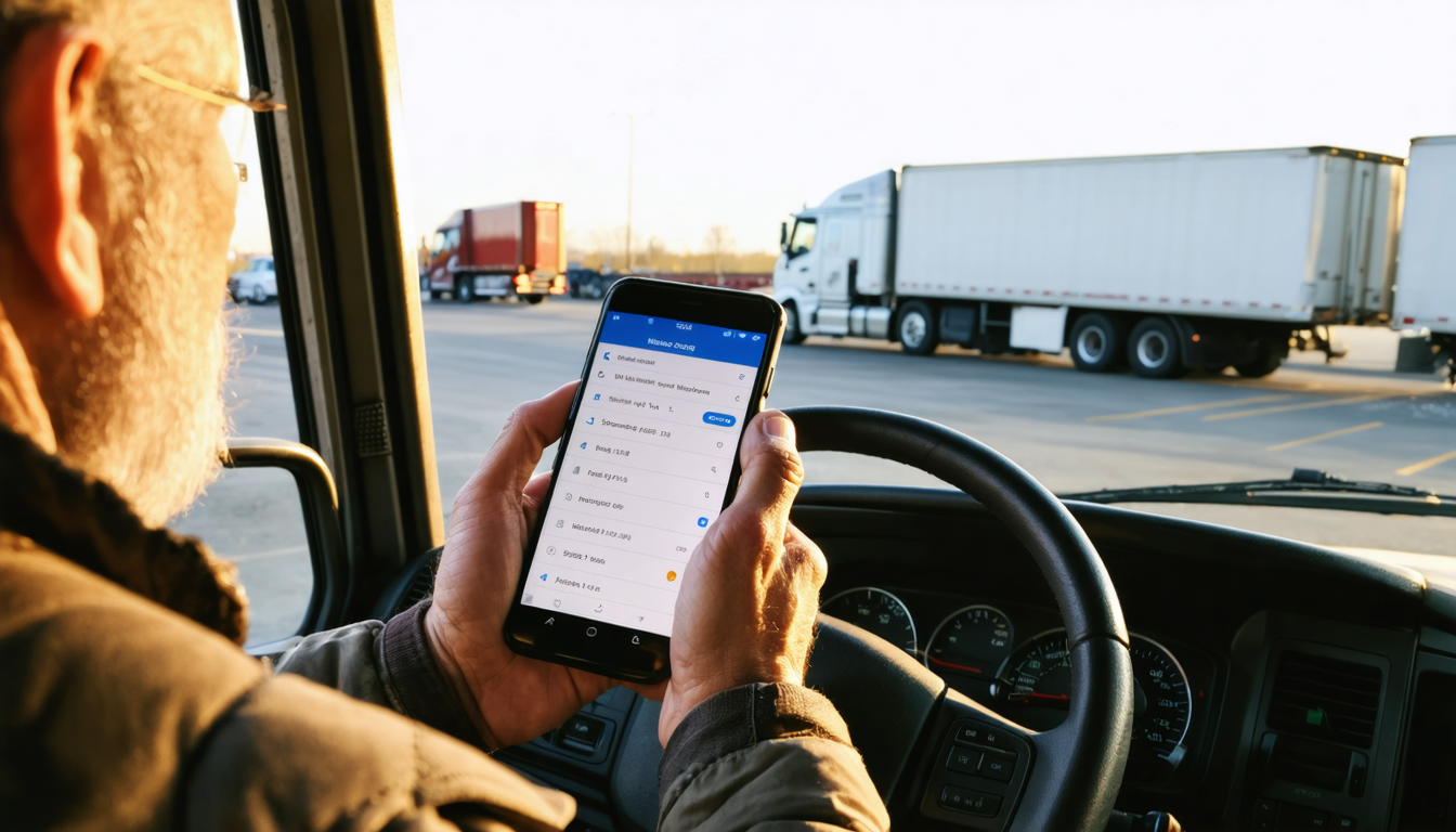 Owner-operator reviewing load details on phone in truck cab at sunset truck stop