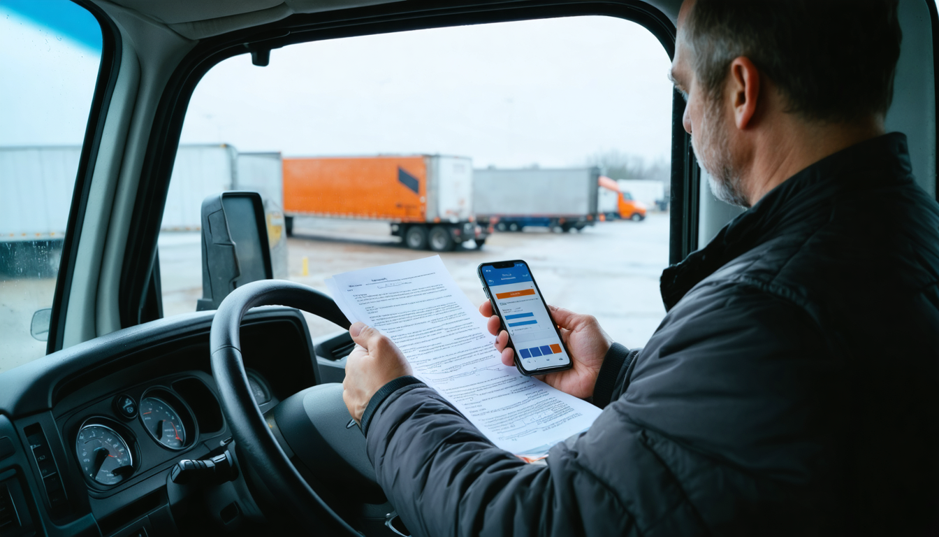 Owner-operator reviewing broker contract and smartphone loadboard in truck cab