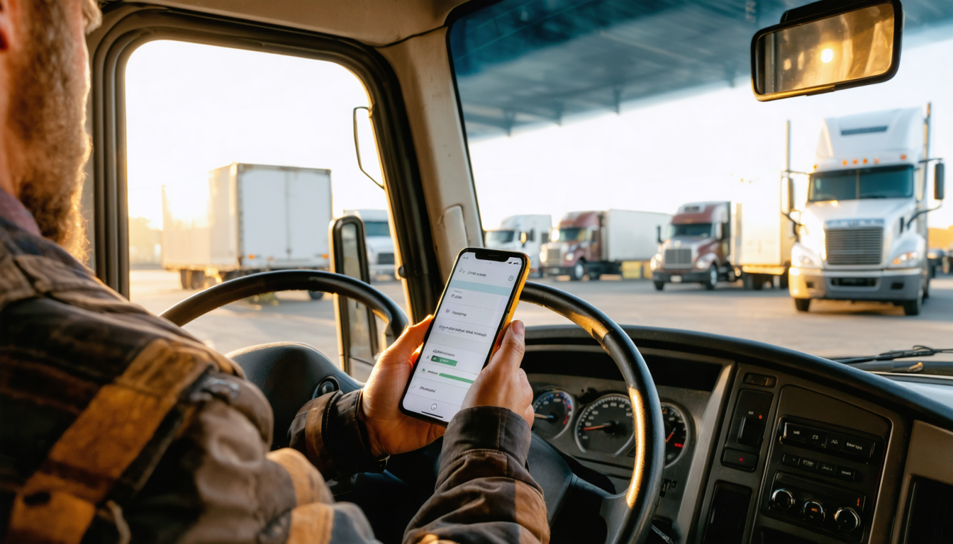 Owner-operator checking a freight app on smartphone in truck cab at truck stop