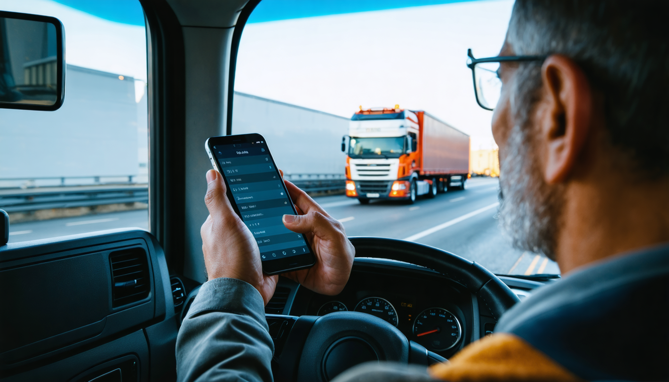 Owner-operator checking a smartphone loadboard in the cab at dawn, highway ahead