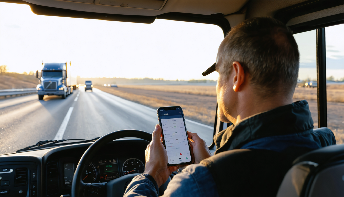 Owner-operator checking rates on smartphone in semi cab at golden hour, sparse highway visible ahead