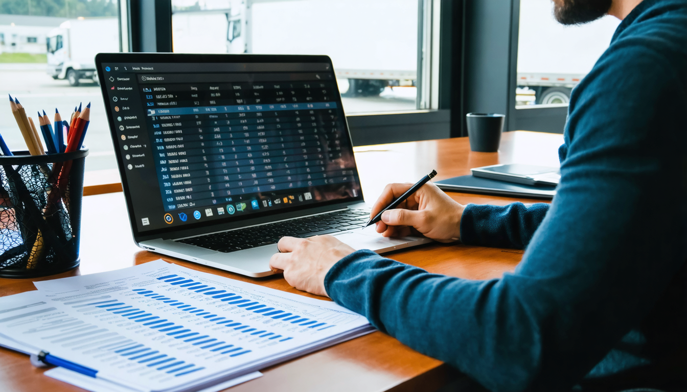 Dispatcher analyzing freight loads and rates on a laptop in a quiet office setting