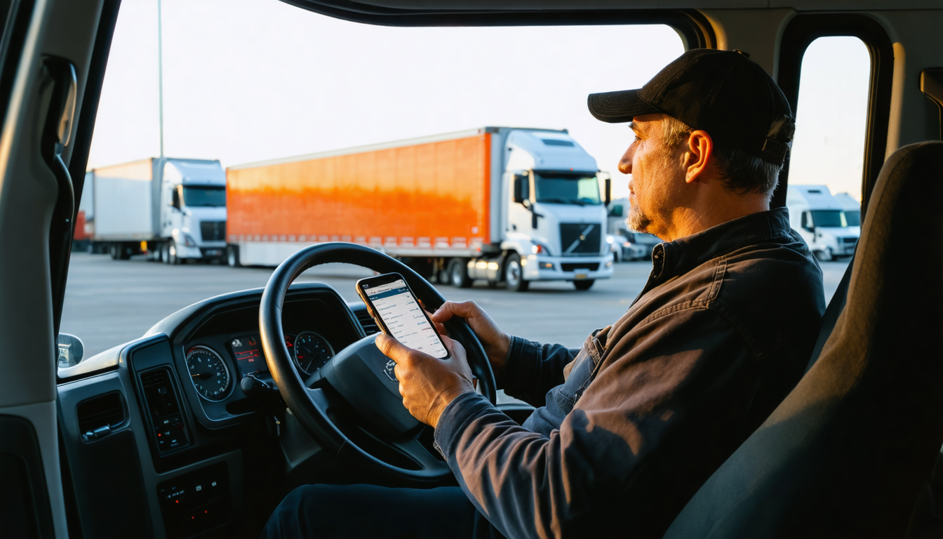Owner-operator checking load rates on smartphone in truck cab at golden hour
