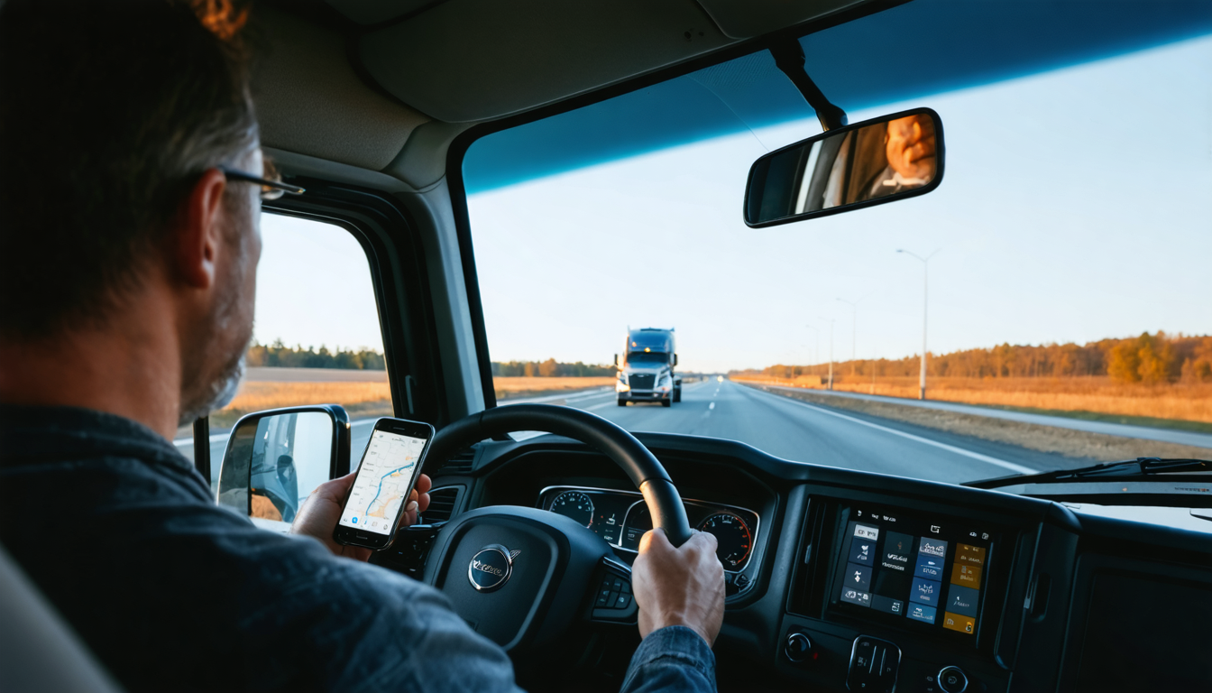 Owner-operator checking loadboard on smartphone in semi cab at dawn on empty highway