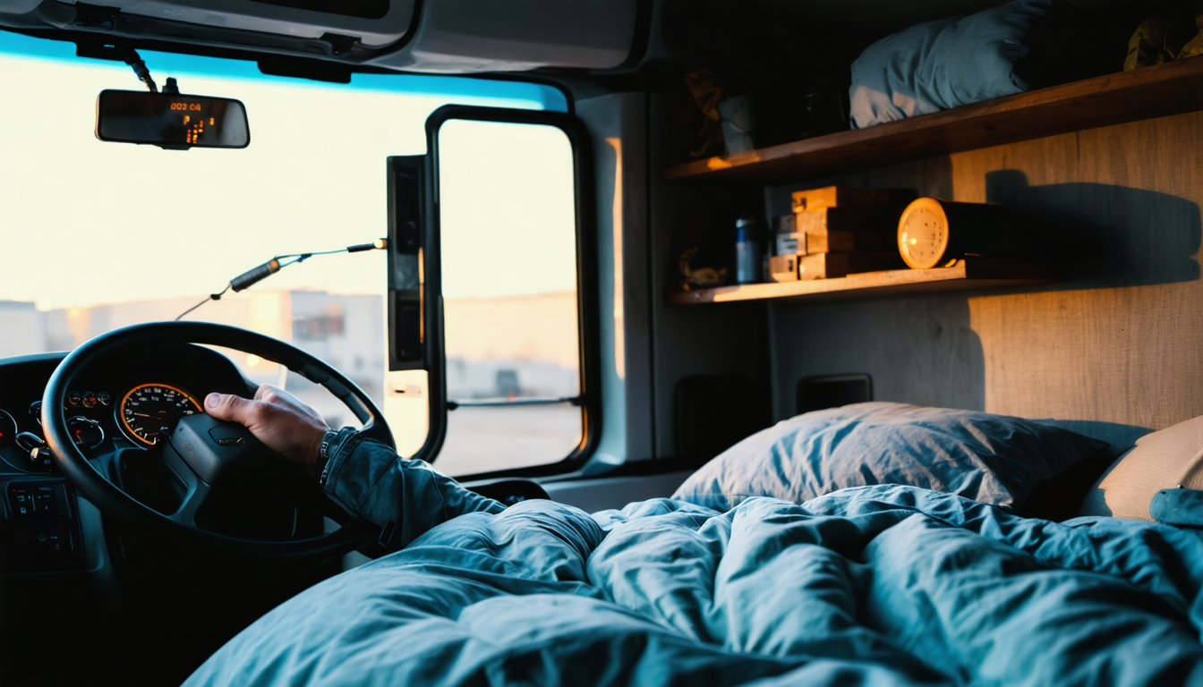 Owner-operator checking a CO detector in sleeper cab at dawn