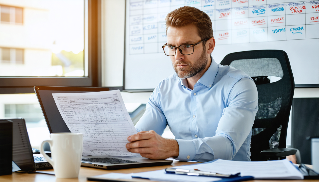 Dispatcher reviewing compliance records at desk with documents and coffee in morning light