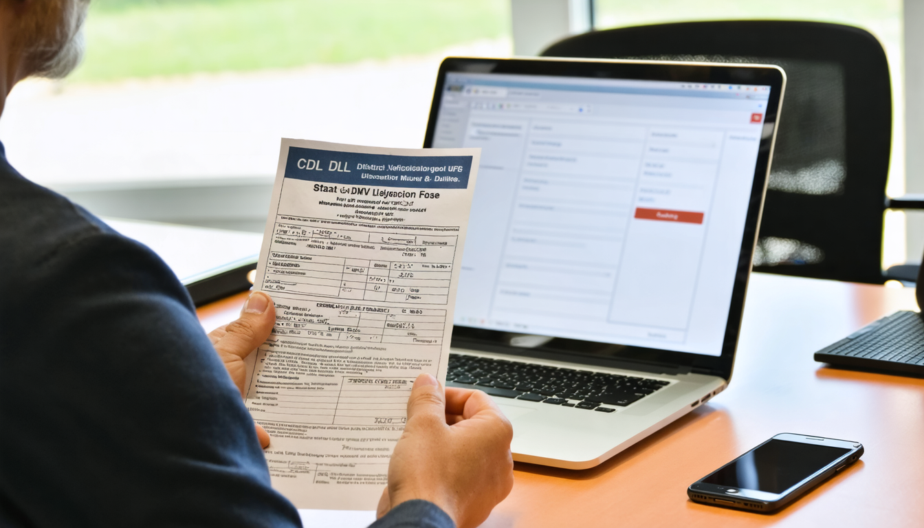Dispatcher verifying a CDL license against state DMV records on a laptop at a dispatch desk