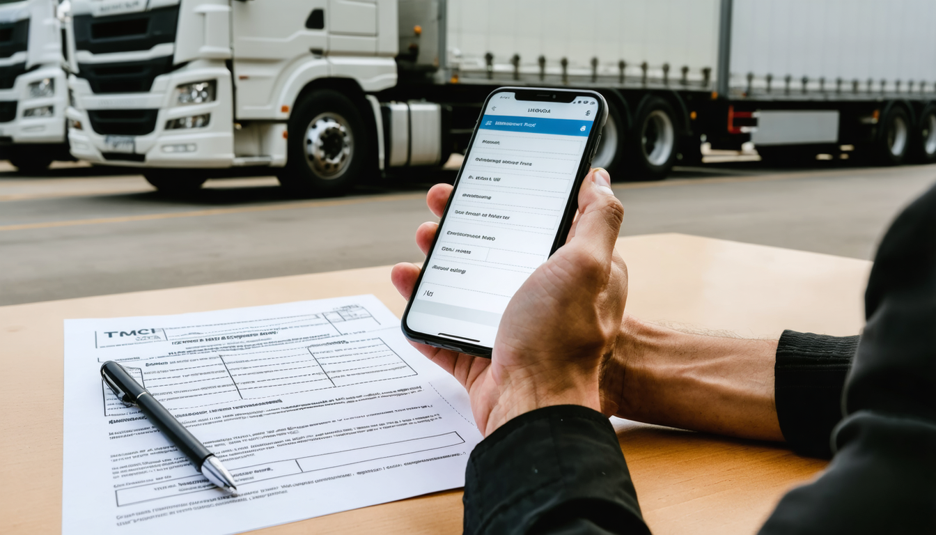 Owner-operator verifying carrier details on phone at truck stop desk