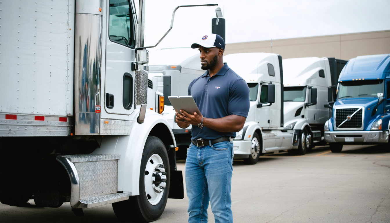 Owner-operator studying a tablet while standing beside a new class 8 truck at a dealership lot