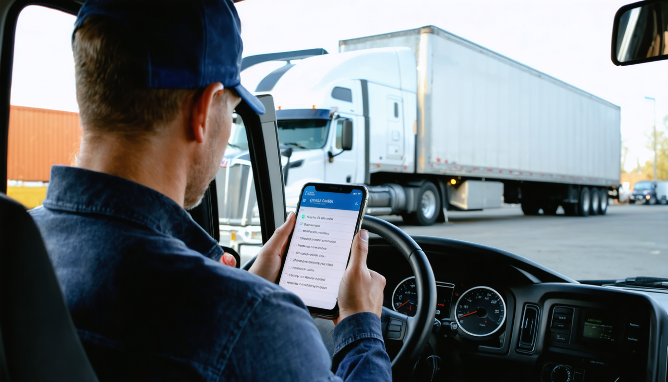 Owner-operator reviewing compliance checklist on phone in semi cab at dawn