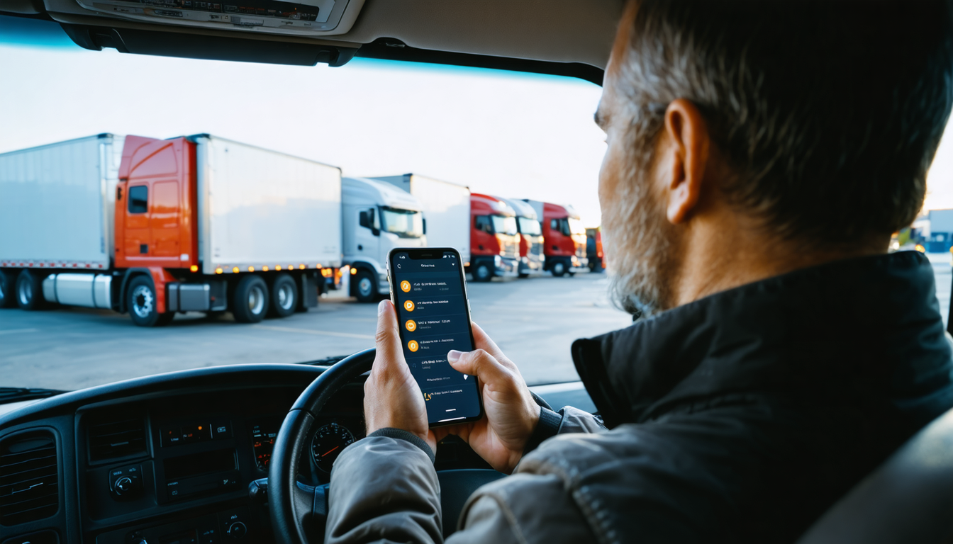 Owner-operator studying load options on a smartphone in the cab of a semi at dusk.