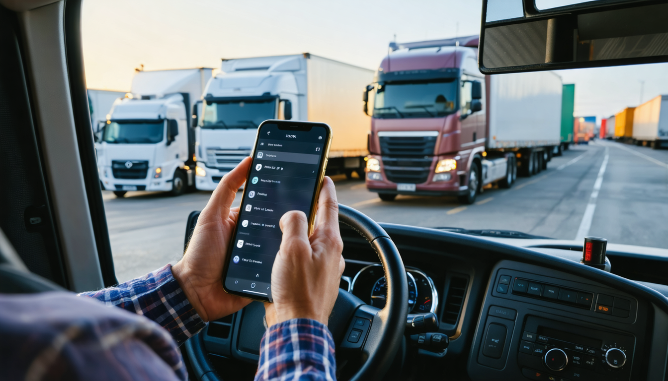 Owner-operator reviewing freight rates on phone in semi cab at truck stop