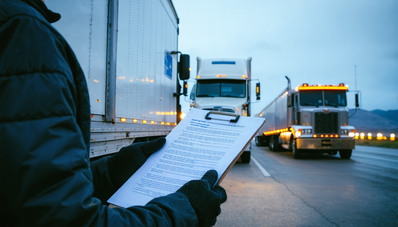 Owner-operator reviewing border crossing paperwork at a US-Mexico checkpoint at dawn