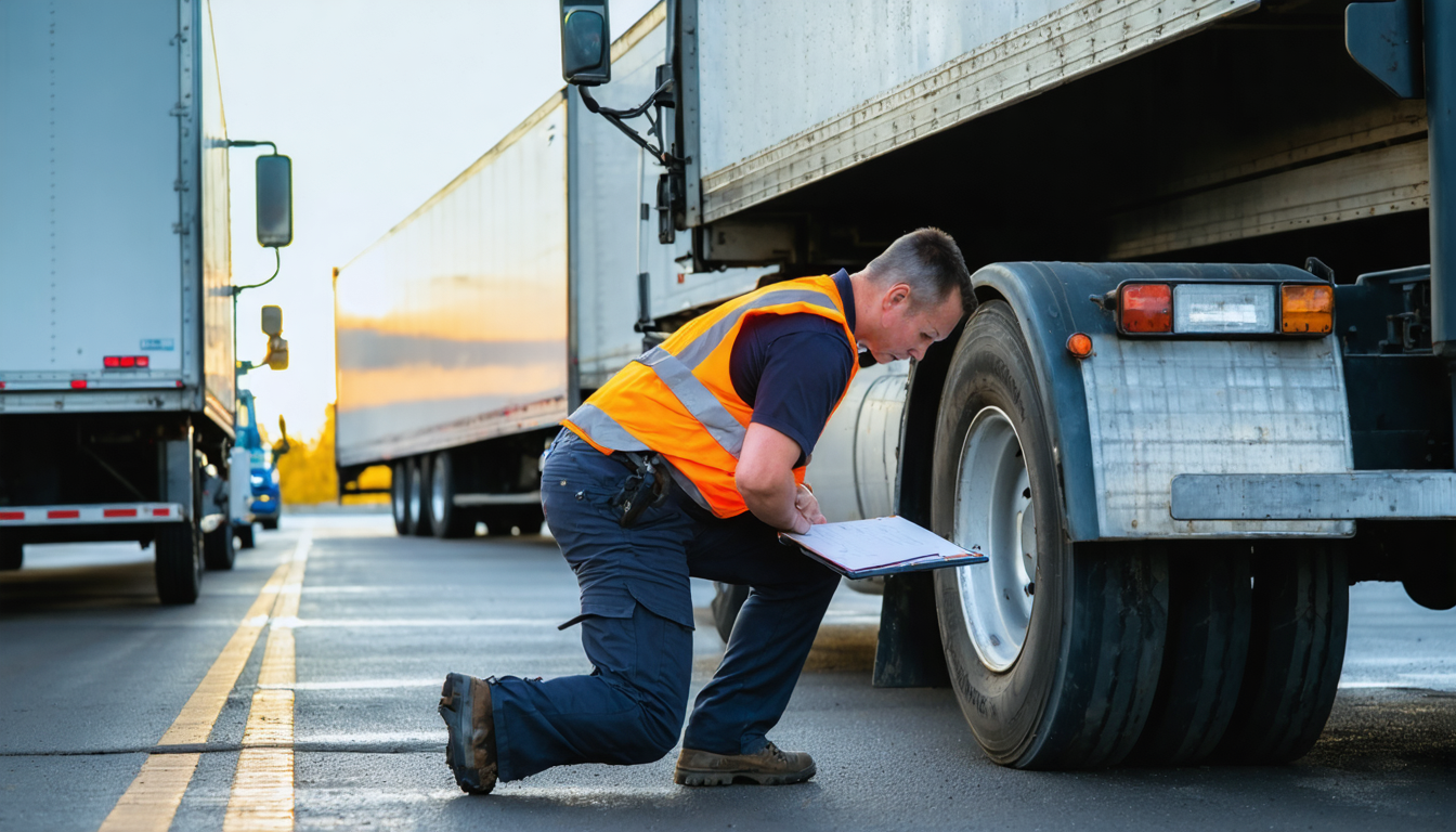 CVSA inspector conducting roadside vehicle inspection on semi truck at dawn