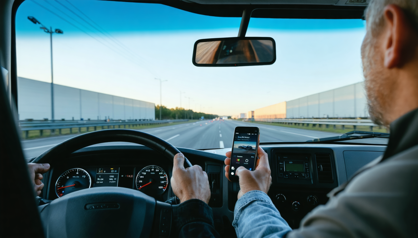 Owner-operator's hands on steering wheel with data center facility visible on highway ahead