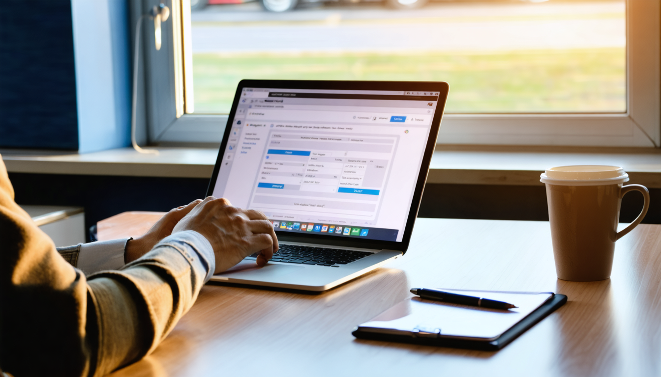 Owner-operator reviewing FMCSA DataQs challenge on laptop at dispatch desk