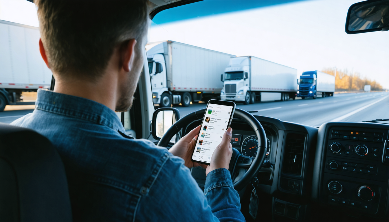 Owner-operator reviewing load options on a smartphone in the cab of a semi at dawn