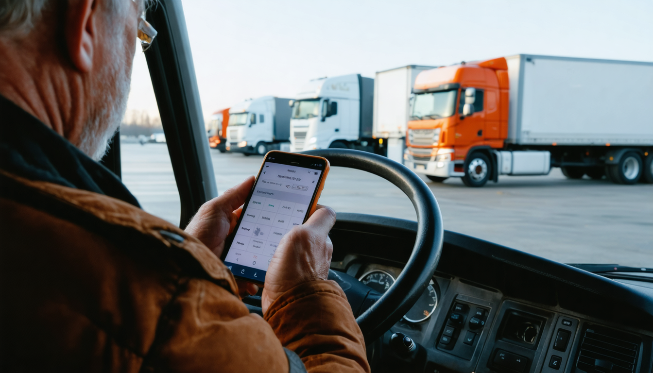Owner-operator checking fuel prices on phone at truck stop before accepting load