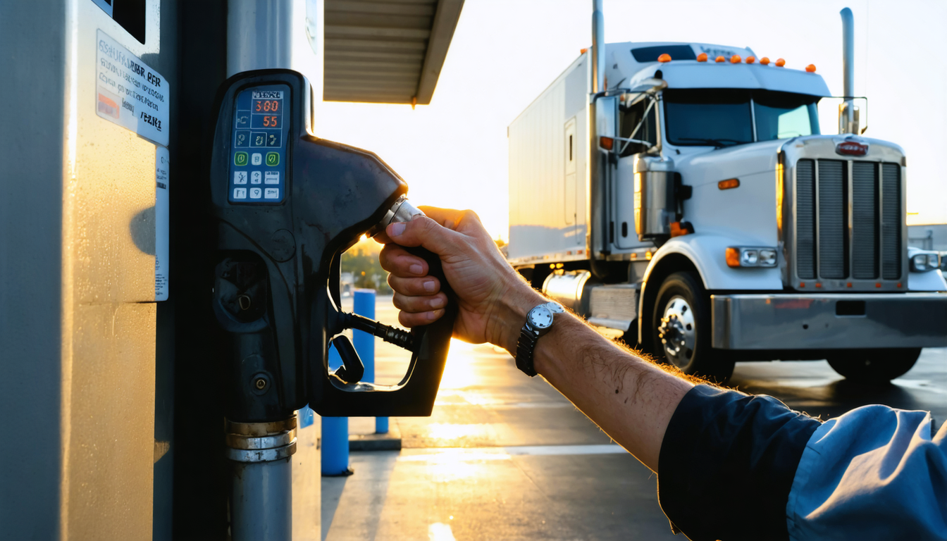 Owner-operator's hand on fuel pump nozzle at truck stop, high diesel price displayed on pump screen