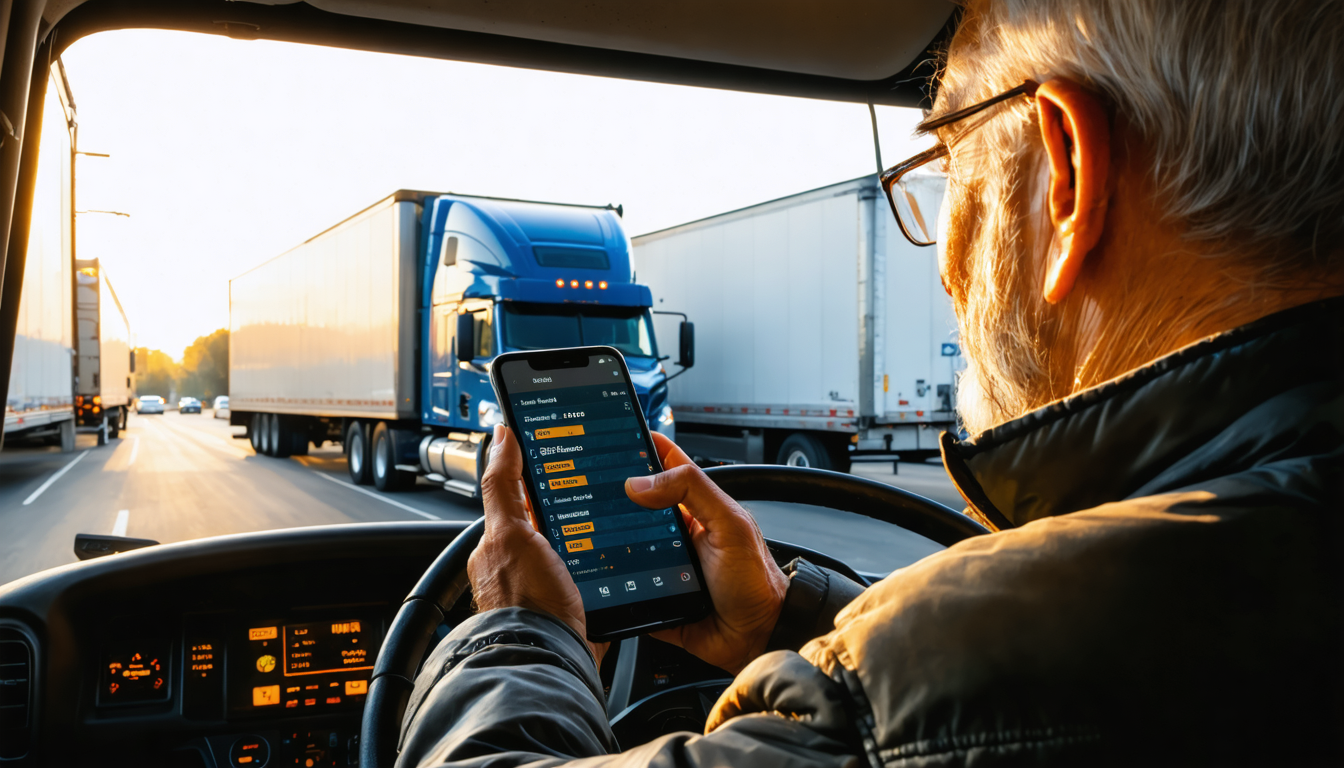 Owner-operator reviewing freight rates on a loadboard in truck cab at sunset