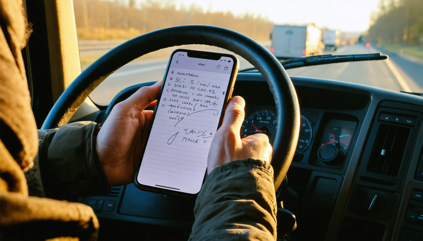 Owner-operator reviewing load calculations and fuel costs on a smartphone in the cab of a semi truck