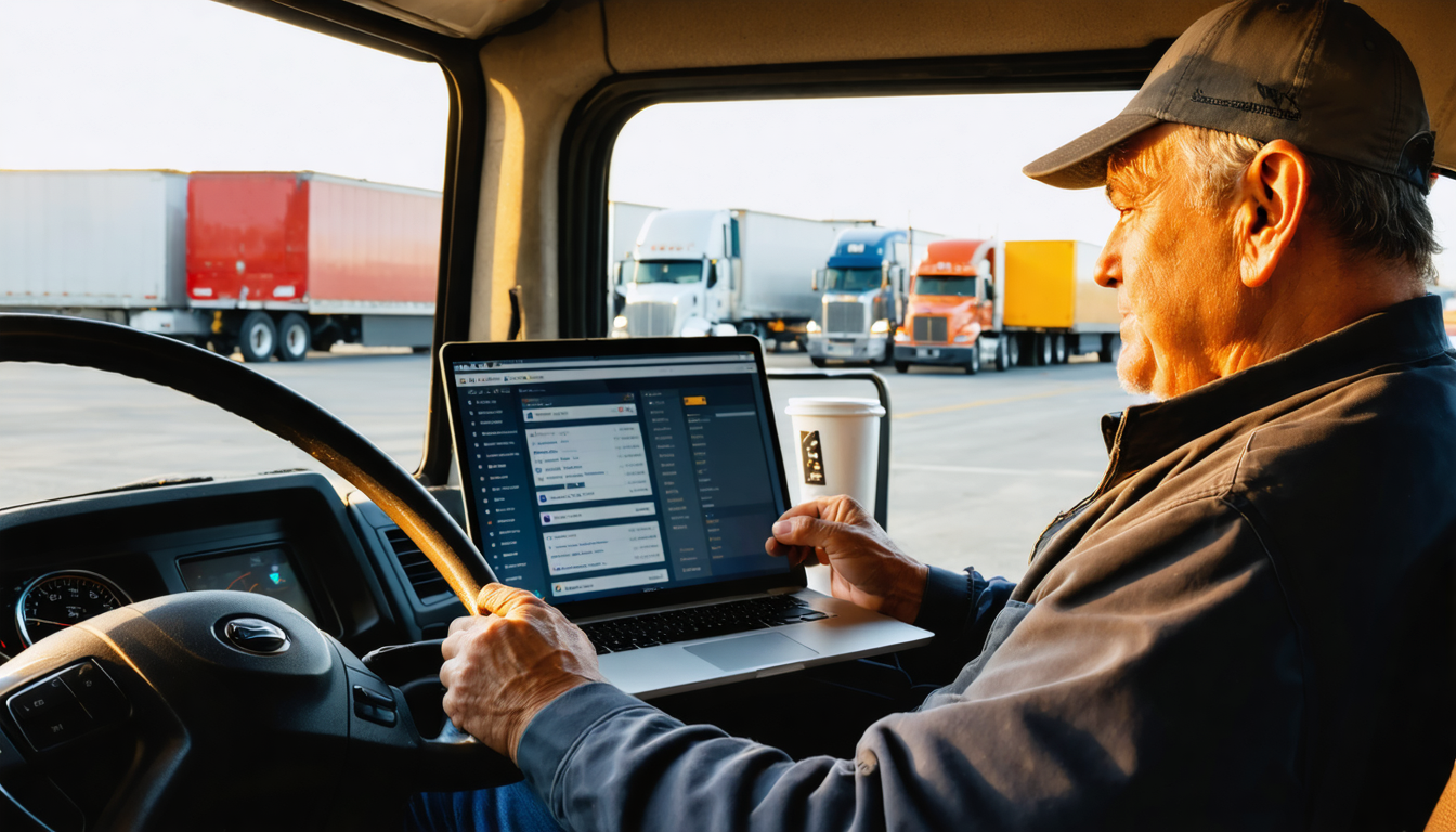 Owner-operator reviewing loads on a tablet in truck cab at golden hour