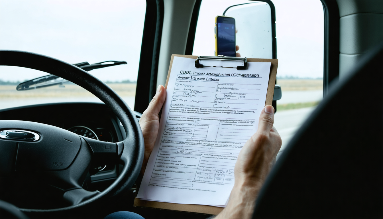 Owner-operator reviewing CDL and compliance documents in truck cab at dawn