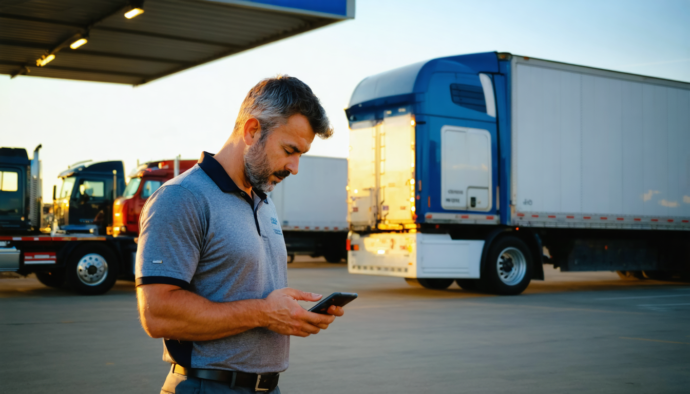 Owner-operator reviewing loads on a smartphone at a truck stop at sunset