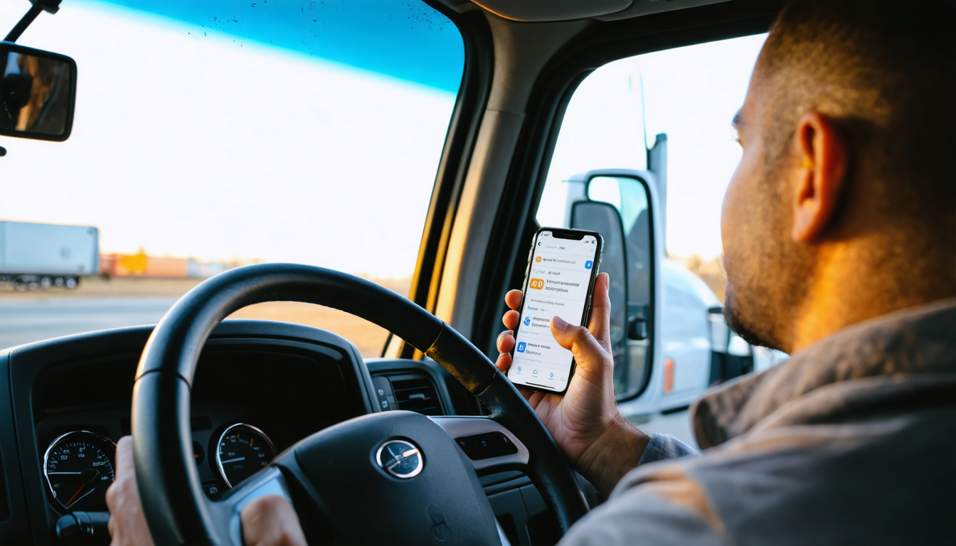 Owner-operator checking ELD compliance on smartphone in truck cab at golden hour