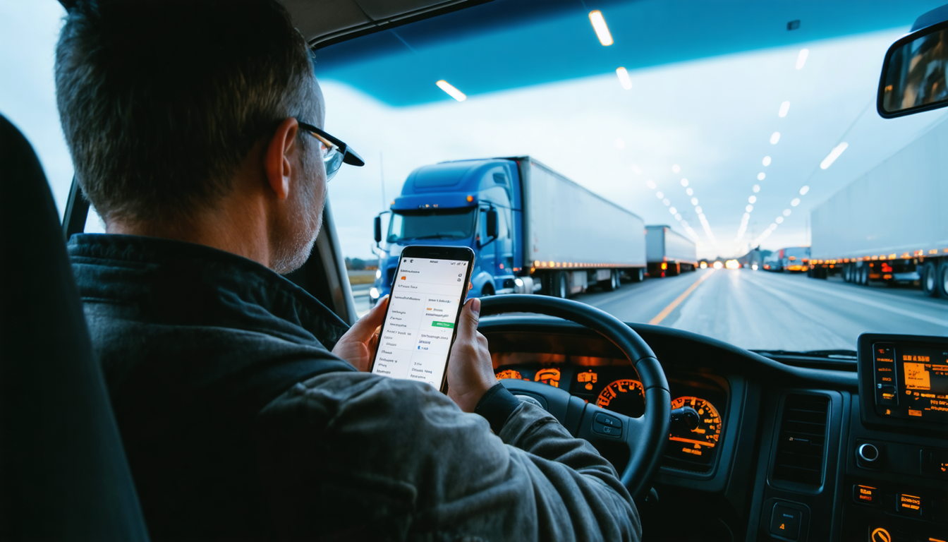Owner-operator checking ELD app on phone in semi cab at dawn, reviewing driving hours