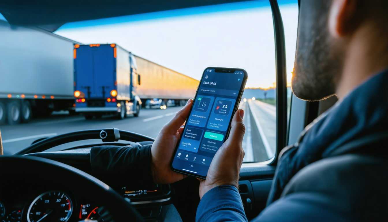 Owner-operator checking ELD compliance data on smartphone in truck cab at golden hour