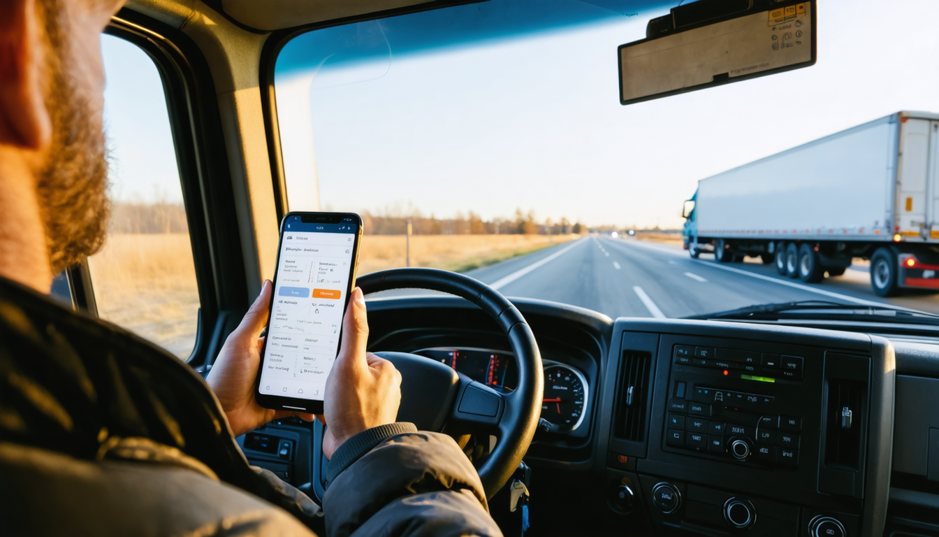 Owner-operator holding a smartphone with ELD app in the cab of a semi at golden hour