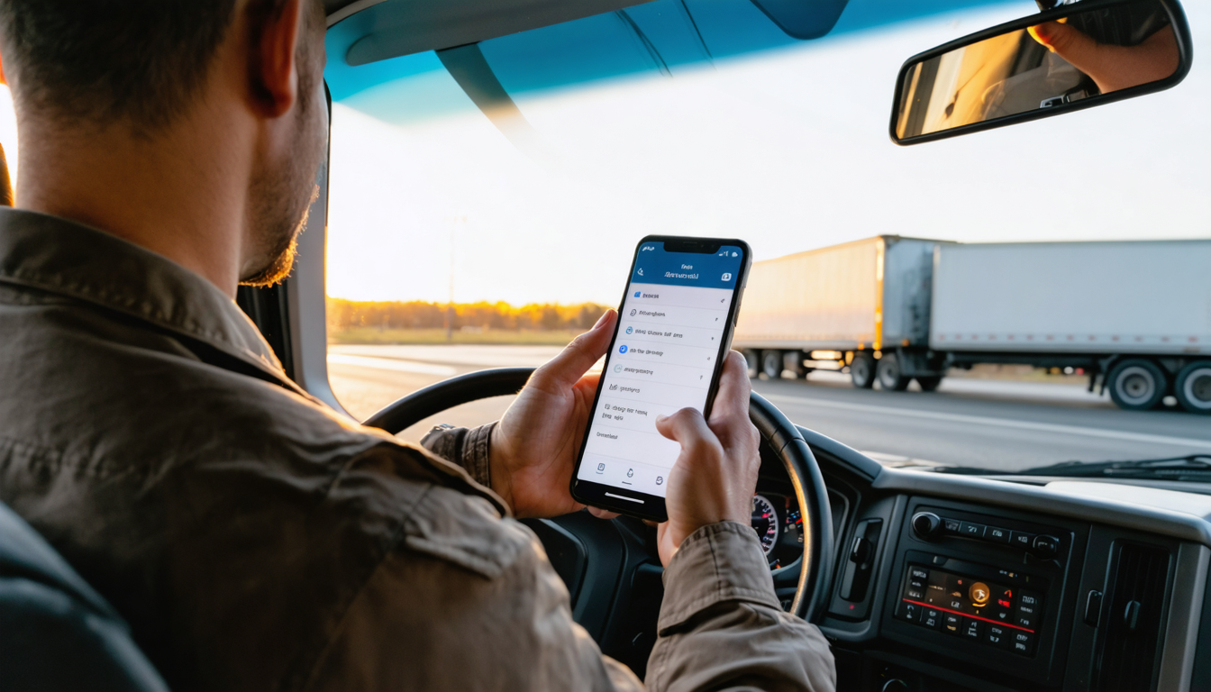 Owner-operator checking ELD app on phone in truck cab at dawn