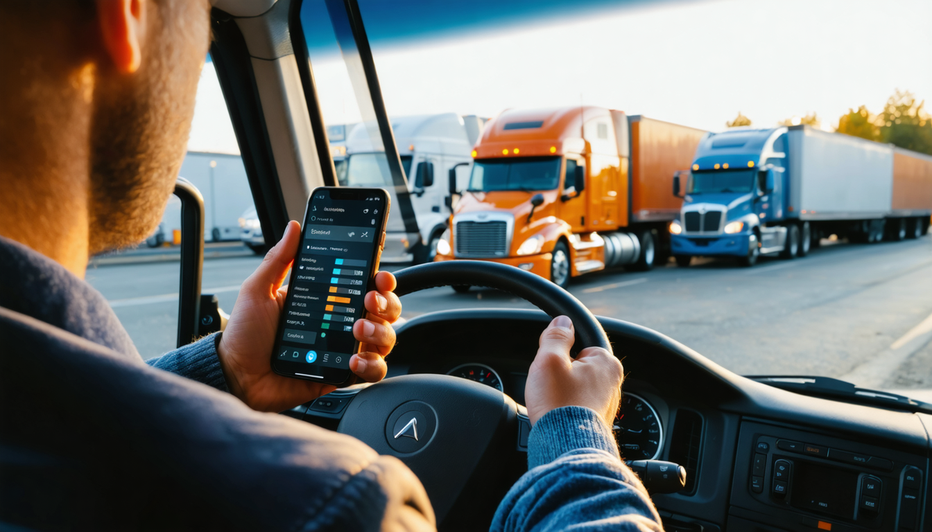 Owner-operator checking ELD compliance data on smartphone in truck cab at golden hour