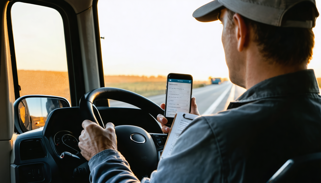 Driver's hands on steering wheel with ELD device visible on dashboard at dawn
