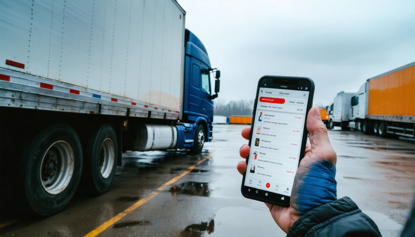 Owner-operator reviewing an emergency load on a loadboard at a truck stop at dawn