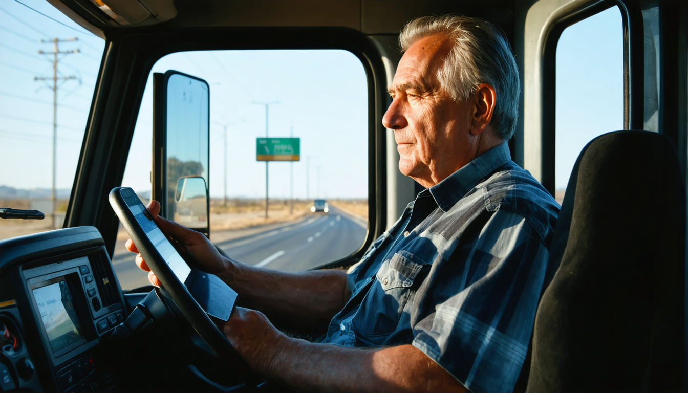 Owner-operator in cab reviewing English proficiency test on smartphone at border truck stop
