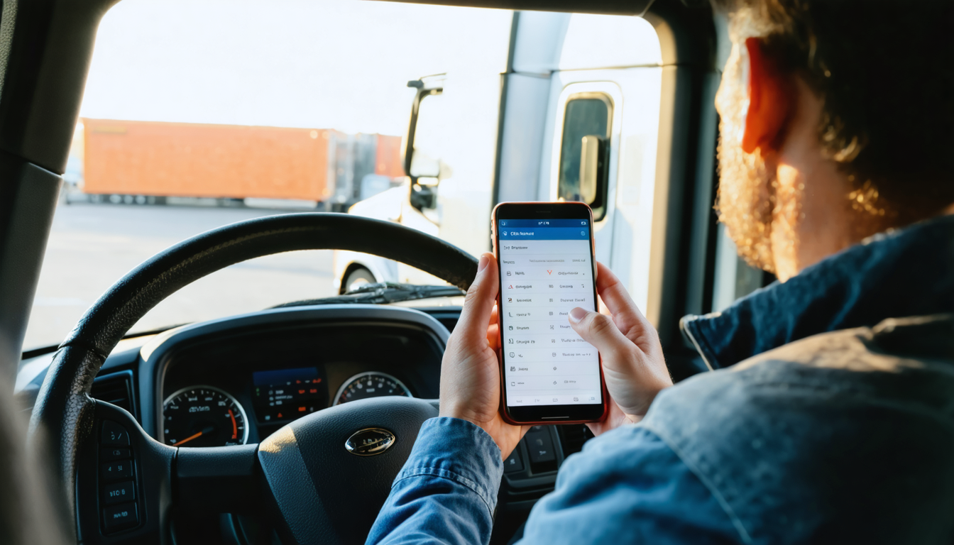 Owner-operator reviewing factoring terms on phone in truck cab at dawn