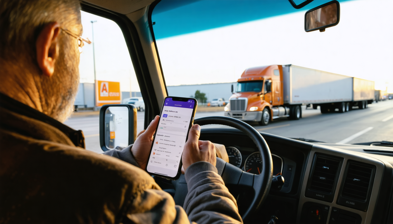 Owner-operator checking payment app on smartphone in semi cab at truck stop
