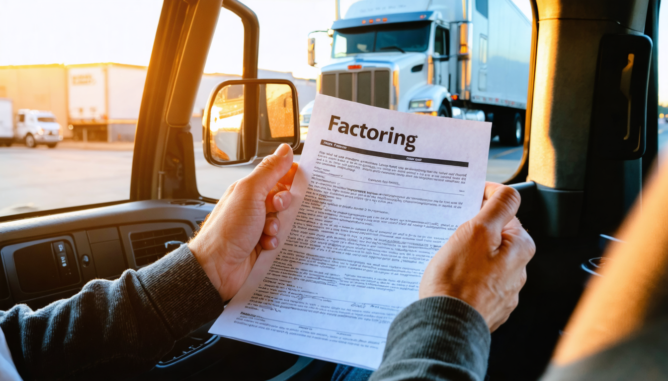 Owner-operator comparing factoring contract and loadboard rates in truck cab