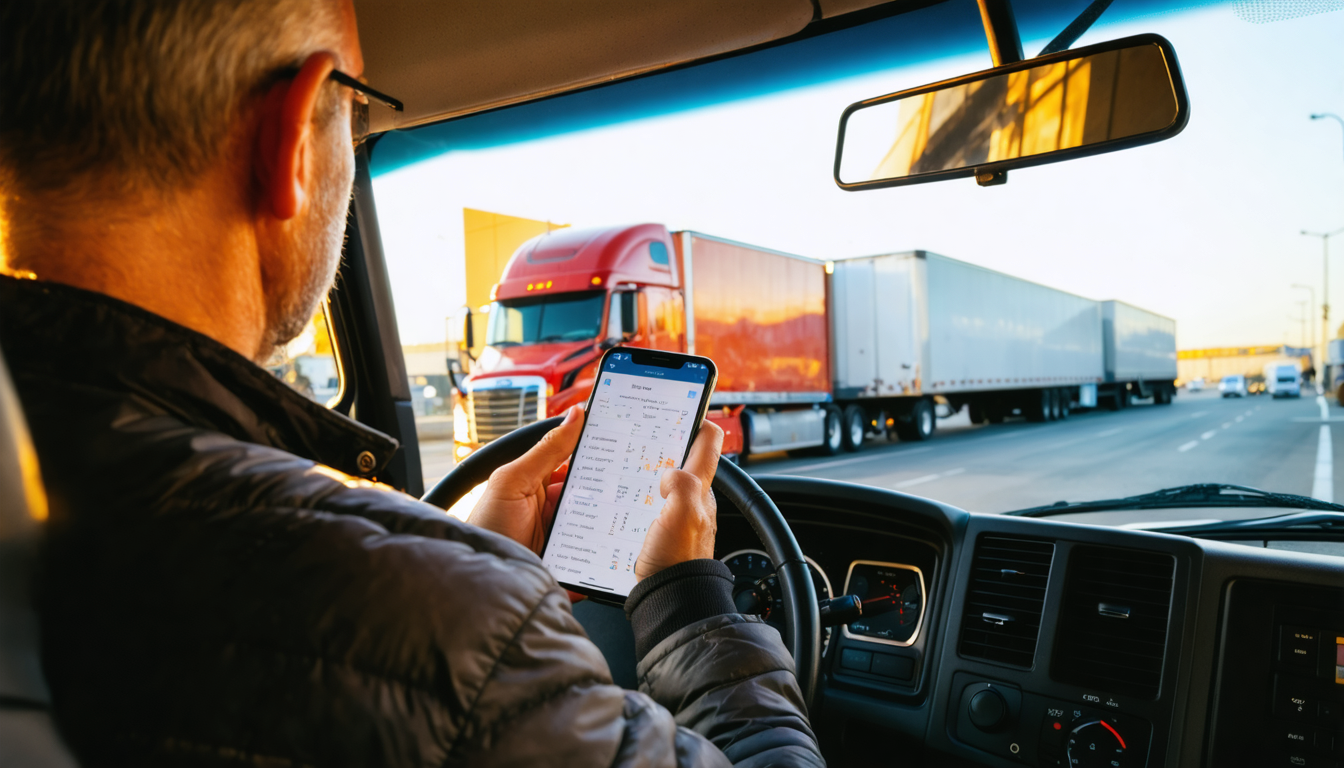 Owner-operator reviewing financial options on smartphone in truck cab at dusk