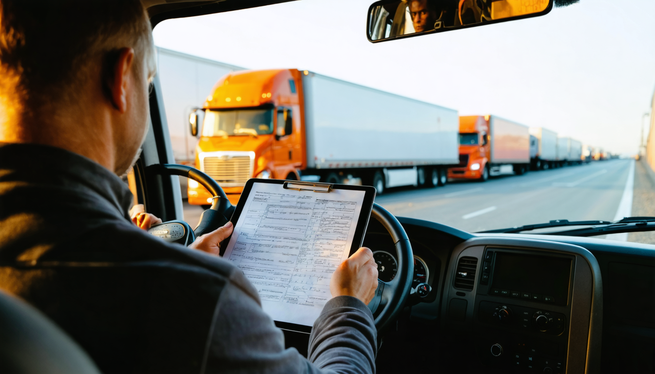 Owner-operator reviewing compliance documents in truck cab at sunset