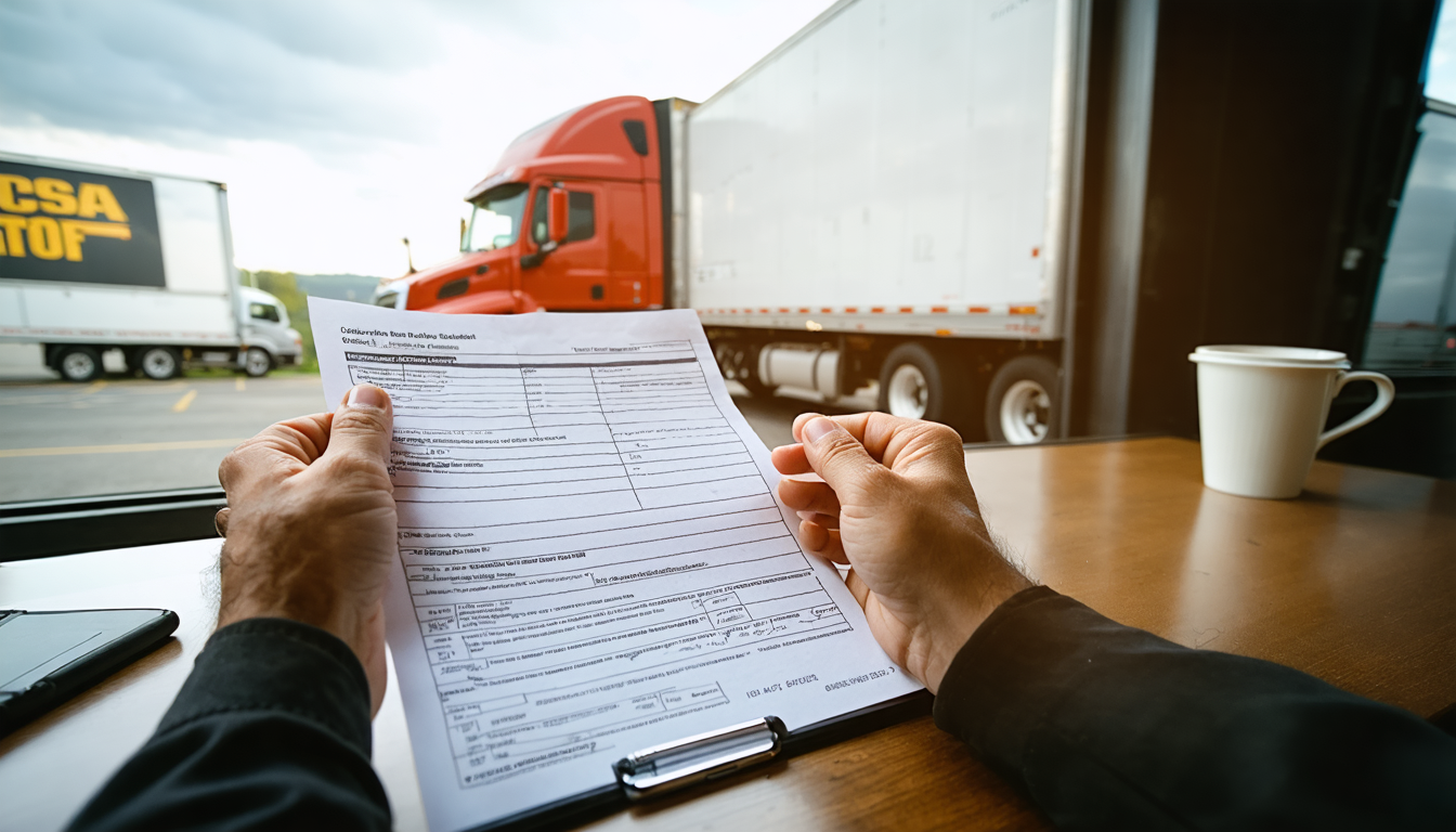 Owner-operator reviewing compliance documents at a truck stop desk at dawn