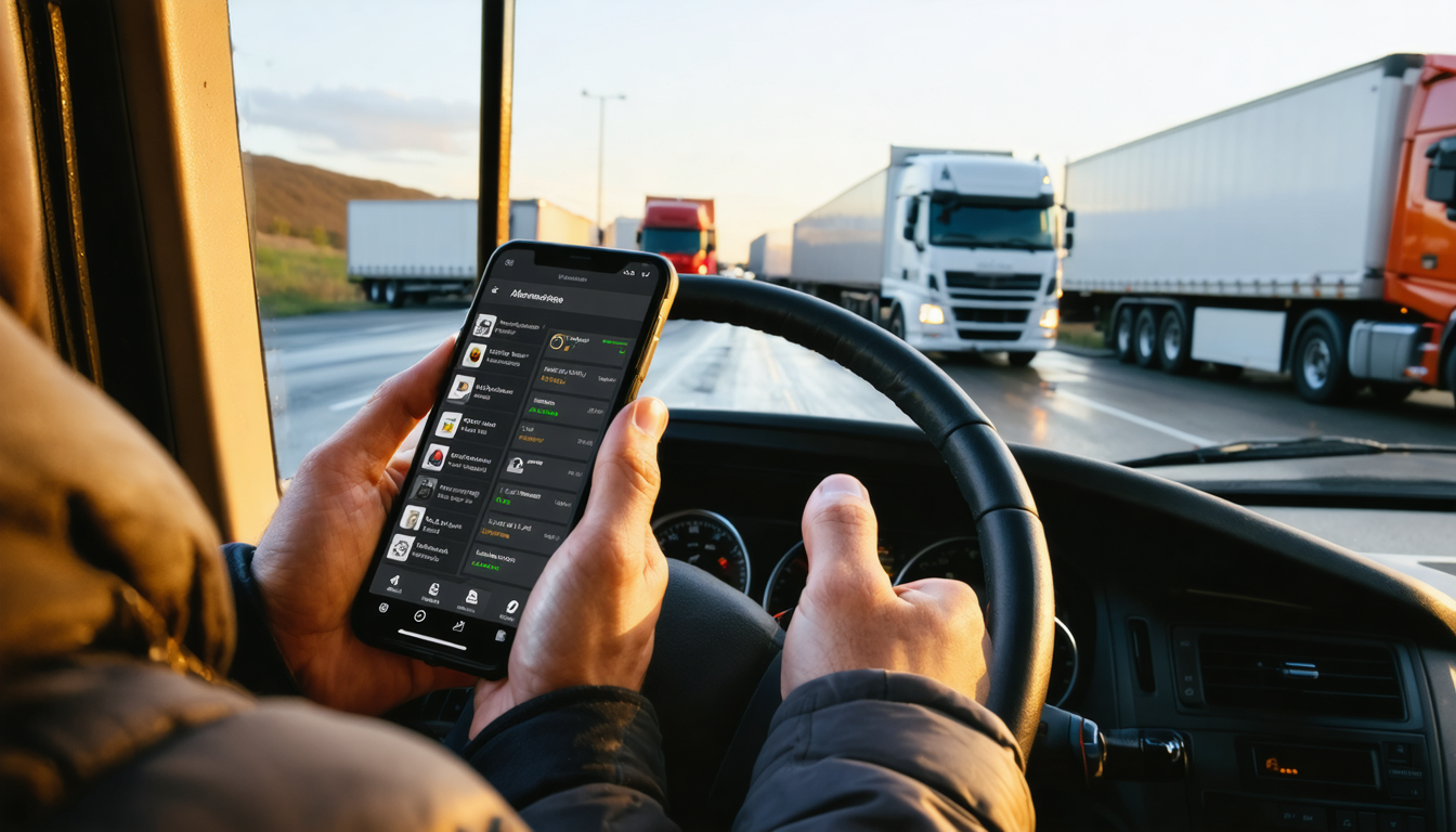 Owner-operator reviewing loads on smartphone in truck cab at golden hour