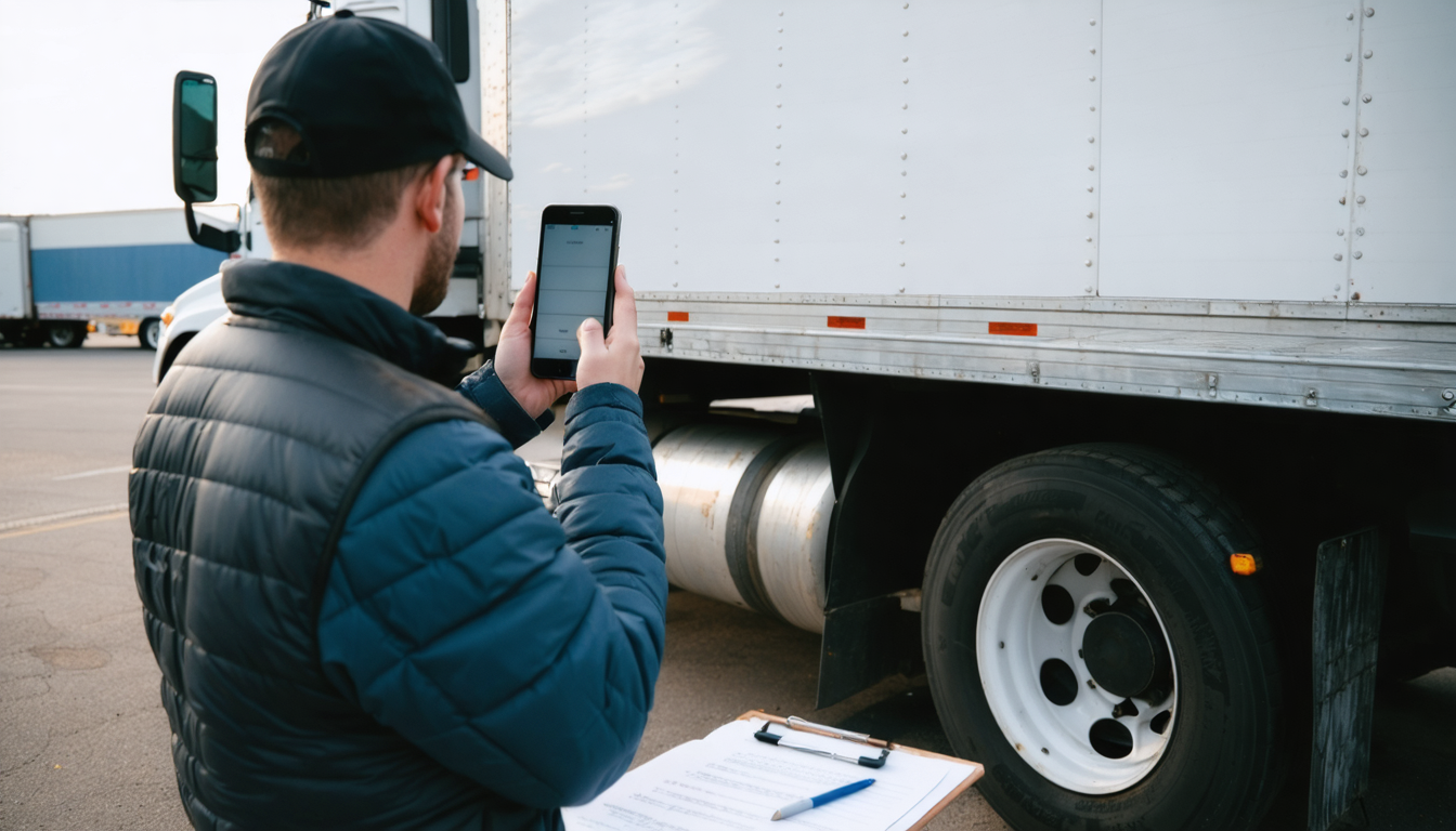 Owner-operator conducting a virtual FMCSA inspection via phone at a truck stop