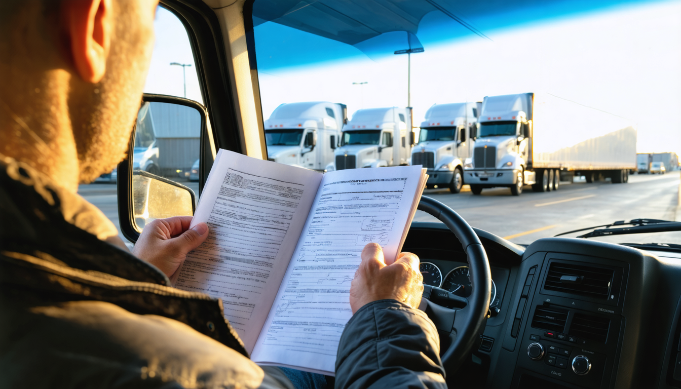 Owner-operator reviewing insurance and authority documents in the cab during golden hour at a truck stop