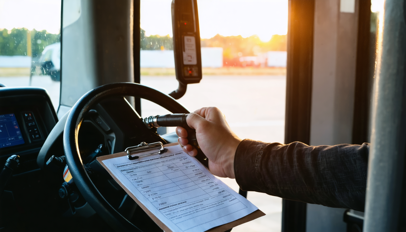 Owner-operator's hands at a fuel pump nozzle during golden hour, with rate paperwork on the truck seat
