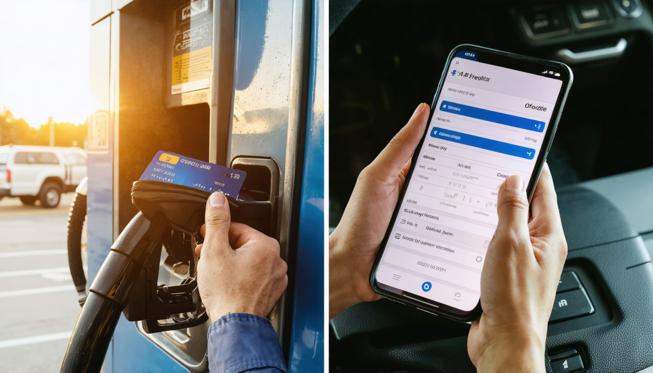 Owner-operator choosing between fuel card and factoring payment options at truck stop and dispatch desk
