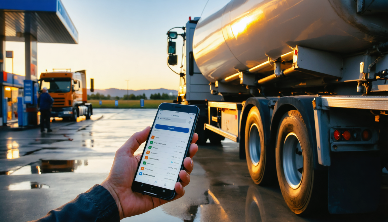 Owner-operator checking phone at fuel pump with tanker truck at golden hour